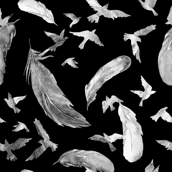 Silhouette acquerello di uccelli volanti e piume su nero. Modello senza cuciture — Foto Stock