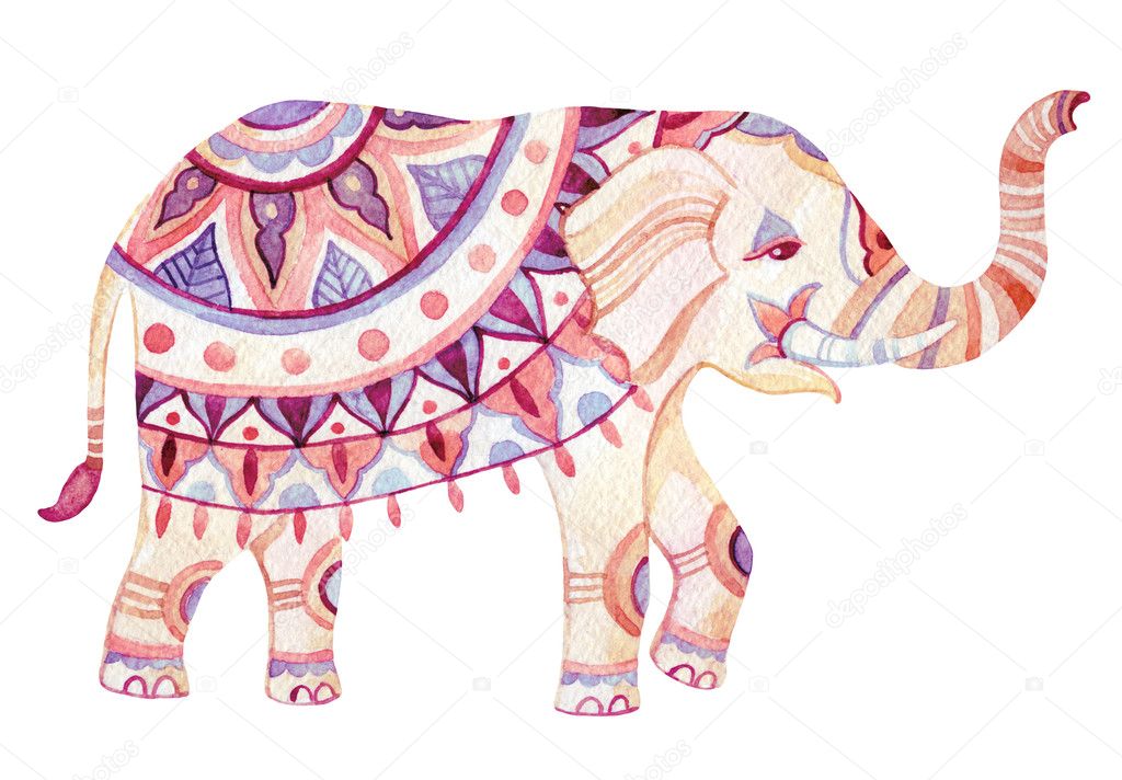 Watercolor elephant in bohemian style. Ornate elephant in pink and purple colors isolated on white background. Hand drawn illustration for design in tribal or boho styles