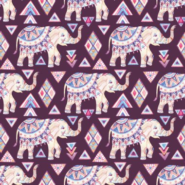 Hint süslü fil suluboya kabile öğeleri seamless modeli ile