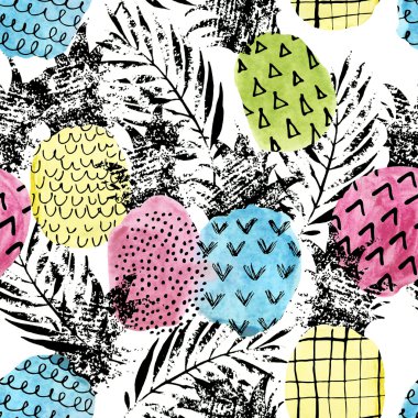 Suluboya ve grunge dokular dikişsiz desen ile renkli ananas