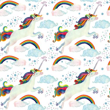 Uçan tek boynuzlu at, gökkuşağı, sihirli bulutlar ve yağmur ile seamless modeli suluboya peri masalı