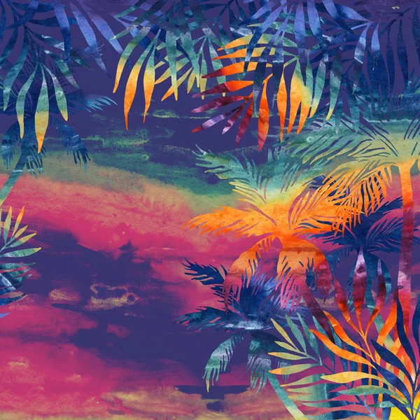 Watercolor palm trees at sunset — Stock fotografie