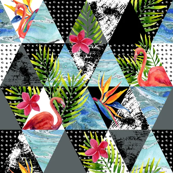 Анотація гранжевих і мармурових трикутників з тропічними квітами, листям — стокове фото