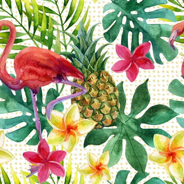 Tropiska akvarell ananas, blommor och blad med skuggor — Stockfoto