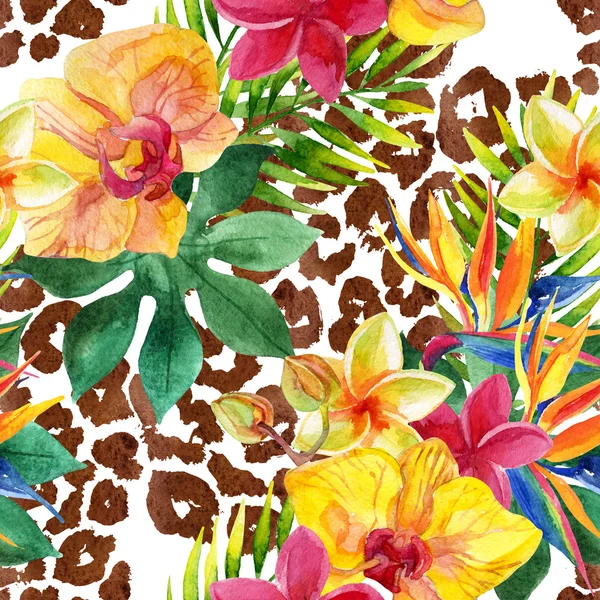 Ακουαρέλα τροπικά λουλούδια και τα φύλλα σε ζώο εκτύπωσης — Φωτογραφία Αρχείου