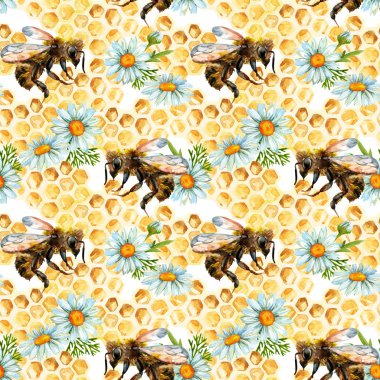 Suluboya arılar, çiçek ve peteğin seamless modeli