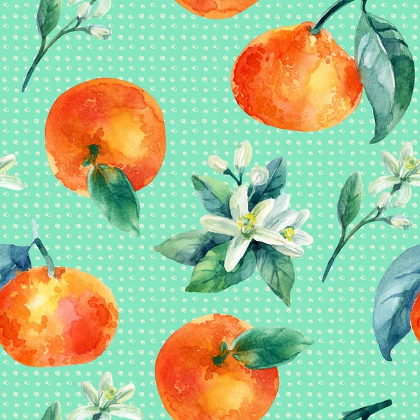 Ακουαρέλα mandarine πορτοκαλί φρούτα υποκατάστημα με φύλλα χωρίς ραφή πρότυπο — Φωτογραφία Αρχείου