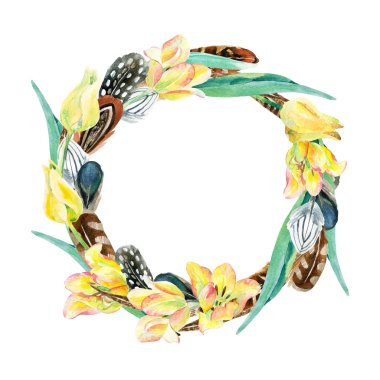Kuş tüyleri ve çiçeklerle suluboya çelenk