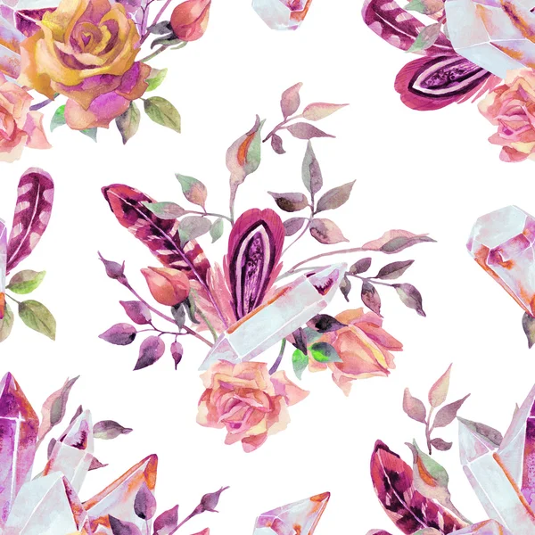 Watercolor gems, feathers and flowers seamless pattern — Stock Photo, Image