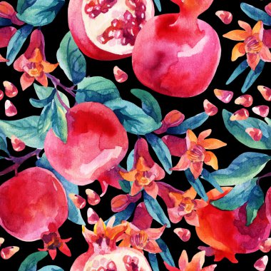 Suluboya nar çiçek dalları ve meyve seamless modeli