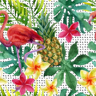 Tropikal suluboya ananas, çiçek ve yaprakları gölgeler ile