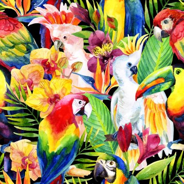 watercolor parrots with tropical flowers seamless pattern