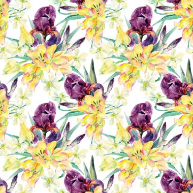 Suluboya süsen, Lale, nergis ve yaprakları çiçek seamless modeli