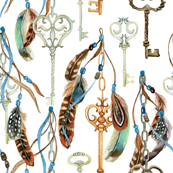 Vintage sleutel met veren en linten in de stijl van boho — Stockfoto