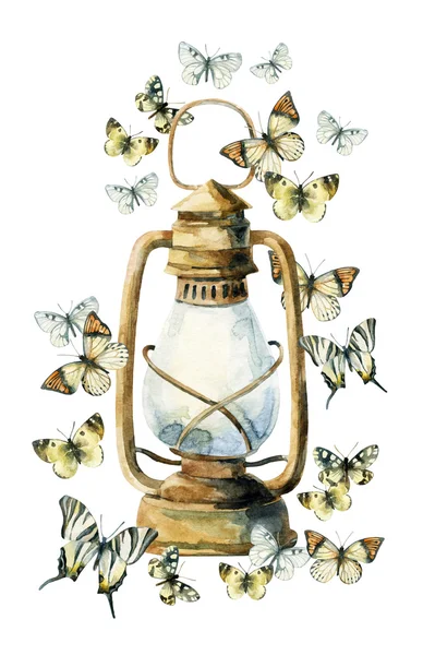 Aquarell Vintage Lampe mit Schmetterling — Stockfoto