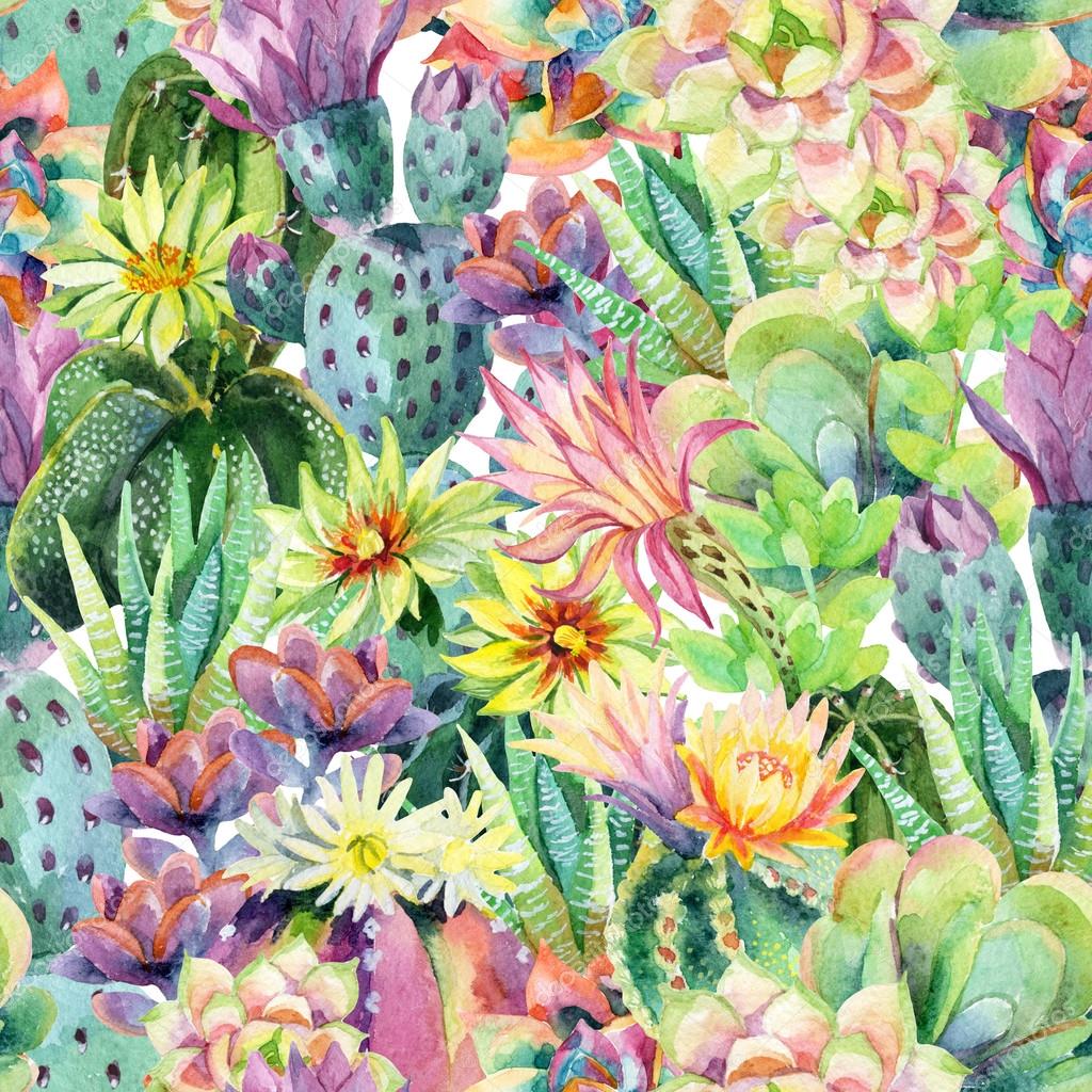 Watercolor blooming cactus background — Stock Photo © Tetiana_Syrytsyna