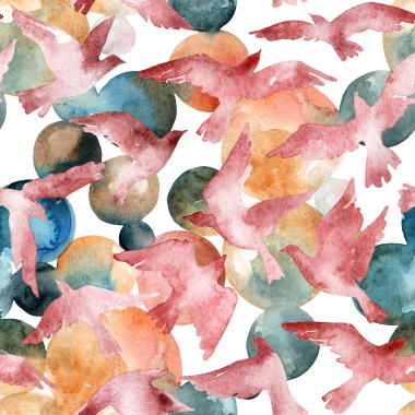 Soyut suluboya daireler ve uçan kuşlar seamless modeli