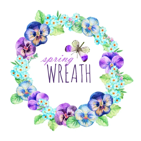 Watercolor wreath of pansies and forget-me-not. — Stock Photo, Image