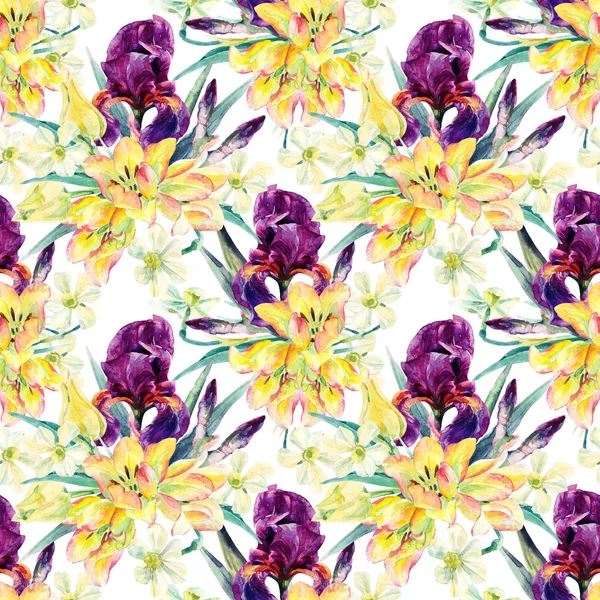 Flores sem costura padrão com íris aquarela, tulipas, narcisos e folhas — Fotografia de Stock
