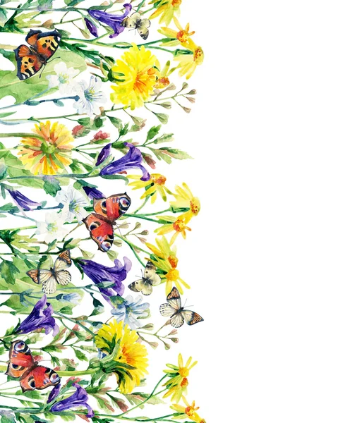 草甸水彩花卡与蝴蝶，垂直方向 — 图库照片