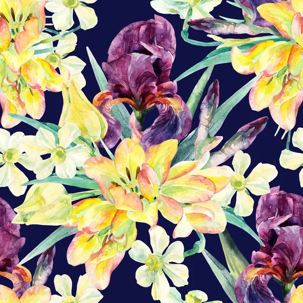 Suluboya süsen, Lale, nergis ve yaprakları çiçek seamless modeli — Stok fotoğraf