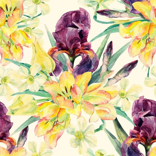 花无缝模式与水彩鸢尾花、 郁金香、 水仙花和树叶 — 图库照片