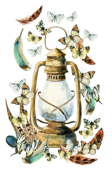 Lámpara vintage acuarela con plumas de pájaro y mariposa —  Fotos de Stock