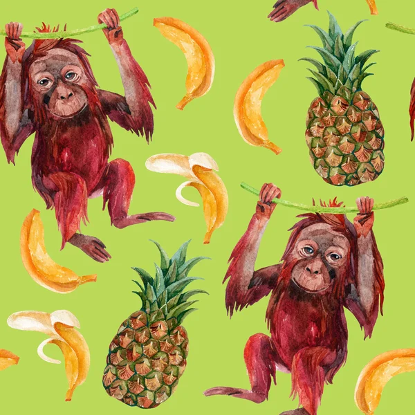 Orang-Utan-Baby, Ananas und Banane nahtloses Muster. — Stockfoto