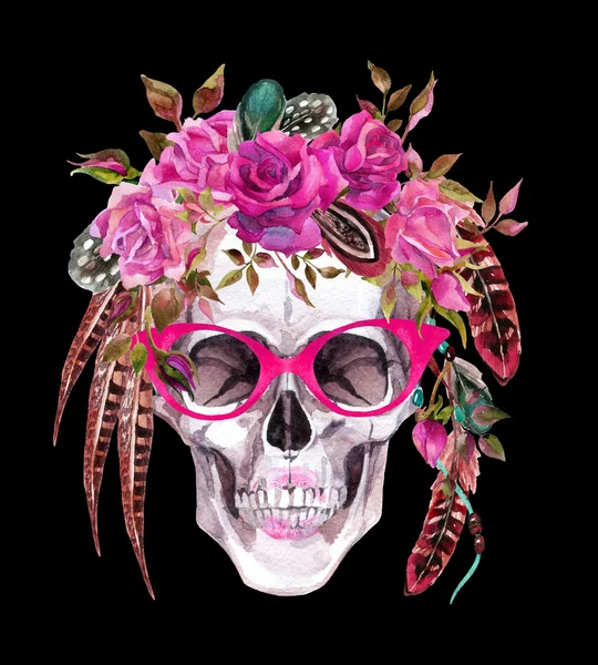 Watercolor human skull in trendy glasses and wreath with flowers and feathers wrapping head — Stock Photo, Image