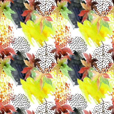 Sonbahar suluboya Japonca akçaağaç yaprağı ve seamless modeli doodle