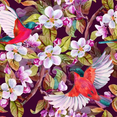 Elma çiçeği ve uçan kuşlar.