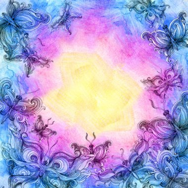 Gökkuşağı renklerinde suluboya kelebek arka plan