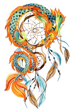 Chinese Dragon  and dreamcatcher card. clipart