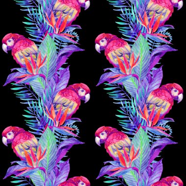 tropik çiçekler seamless modeli ile suluboya papağan
