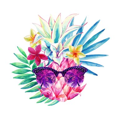 Suluboya ananas ile güneş gözlüğü, fan palmiye yaprağı ve egzotik çiçekler.