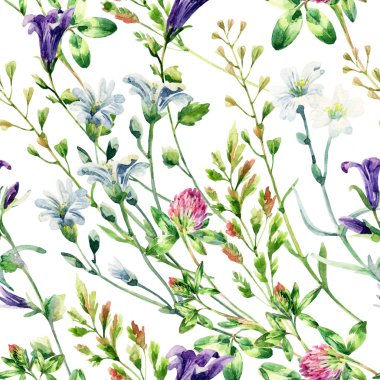 Watercolor wild flowers seamless pattern.