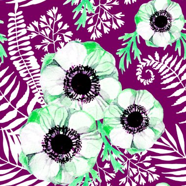 anemon çiçeği ve otlar ile sulu boya Dikişsiz desen