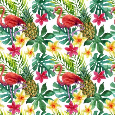 Tropikal suluboya ananas, çiçek ve yaprakları gölgeler ile