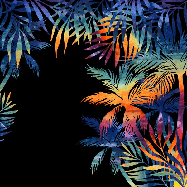 Aquarela palmeiras no fundo preto — Fotografia de Stock