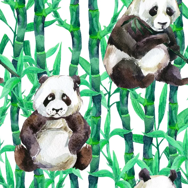 Panda med bambu akvarell seamless mönster — Stockfoto