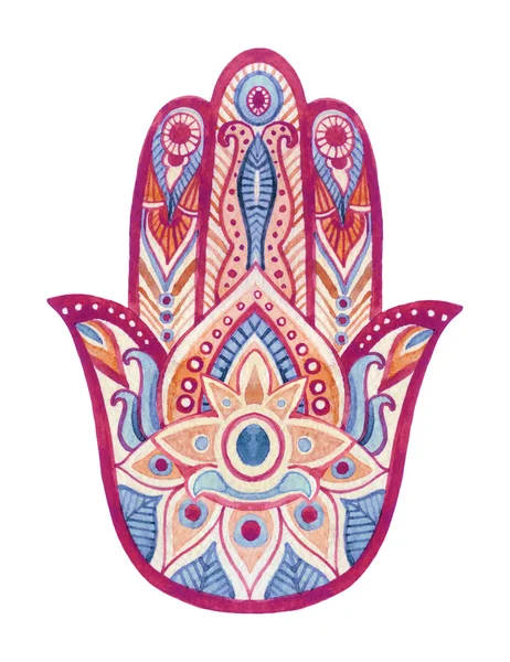 WaterColor Hamsa hand med etniska ornament — Stockfoto