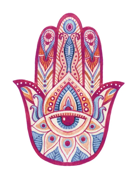 Akwarela Hamsa ręka z ornamentami etnicznymi i wszystkim widząc oko — Zdjęcie stockowe