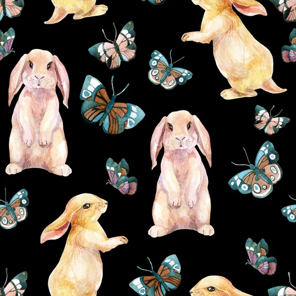 Conejo y mariposas. Patrón sin costura de acuarela — Foto de Stock