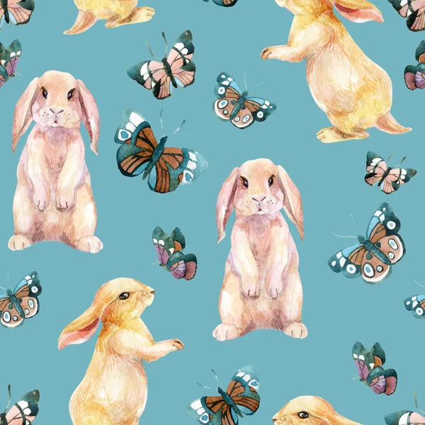Conejo y mariposas. Patrón sin costura de acuarela — Foto de Stock