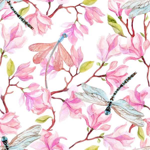 Watercolor magnolia branches and dragonfly — Stock Photo, Image