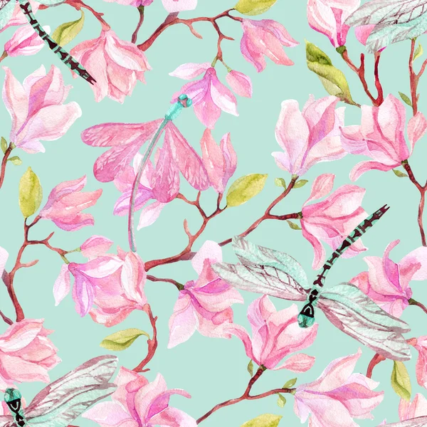 Akvarell magnolia grenar och dragonfly — Stockfoto