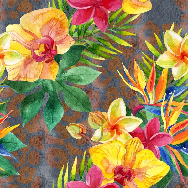 Fiori e foglie tropicali ad acquerello su stampa animale — Foto Stock