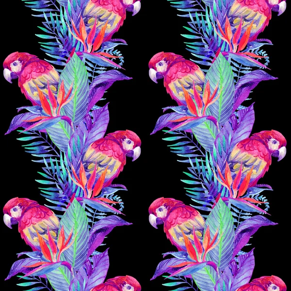 Tropik çiçekler seamless modeli ile suluboya papağan — Stok fotoğraf