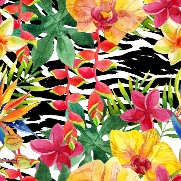 Tropical watercolor flowers and leaves on animal print