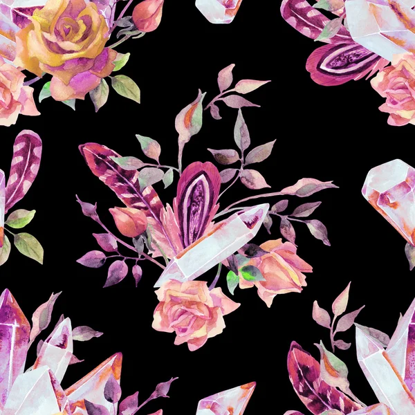 수채화의 보석, 깃털과 꽃의 완벽 한 패턴 — 스톡 사진